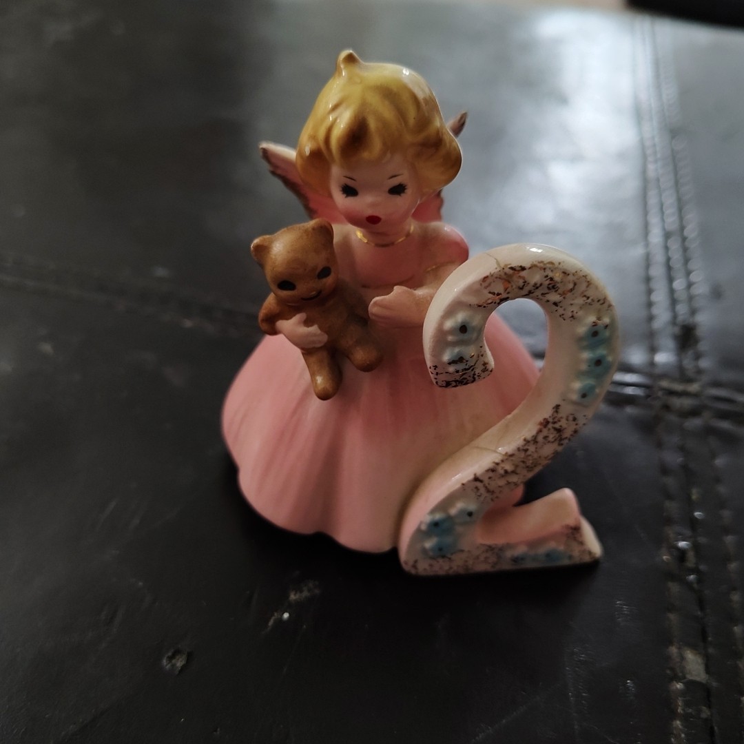 Vintage Josef Originals Birthday Girl Angel Figurine Blue Age 2 w/ Bear 3