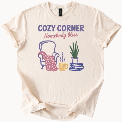 Cozy Corner Homebody Bliss Graphic Tee Armchair Books Coffee Plant Shirt