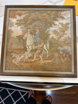 Framed 2x2 French Aubusson-style tapestry with horses and dogs.