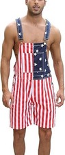 Mens American Flag Overalls Denim Bib Shorts Romper Adjustable Strap with Pocket