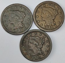 Lot de (3) pièces anciennes US 1845 1847 1848 cheveux tressés gros centimes