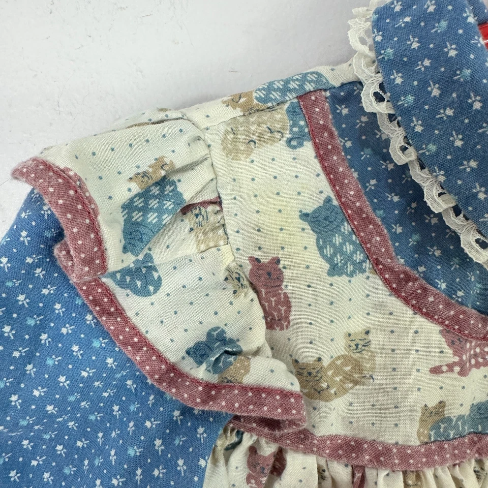 Vintage Baby Dress 12M Cat Print Prairie Cottagecore Ruffle Kitten Lace Trim - Image 4 of 4