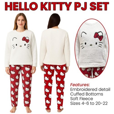 Hello Kitty Borg Fleece Oberteil Micro Fleece Unterteil Pyjama Lounge Set rot Weihnachtsgeschenk