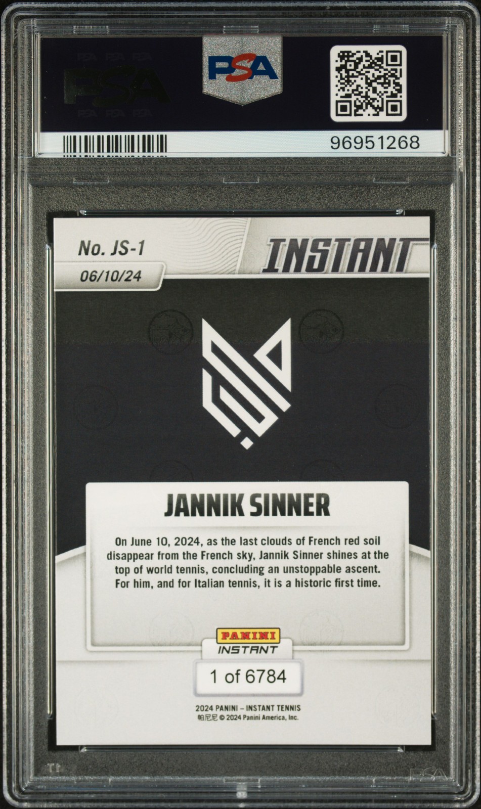 2024 PANINI INSTANT JANNIK SINNER #JS1 JANNIK SINNER PSA 10 view 2