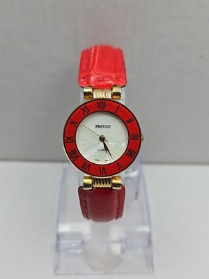 Vintage Prevue Timewear V3060 Ladies Red Enamel Bezel Watch New Battery Unique