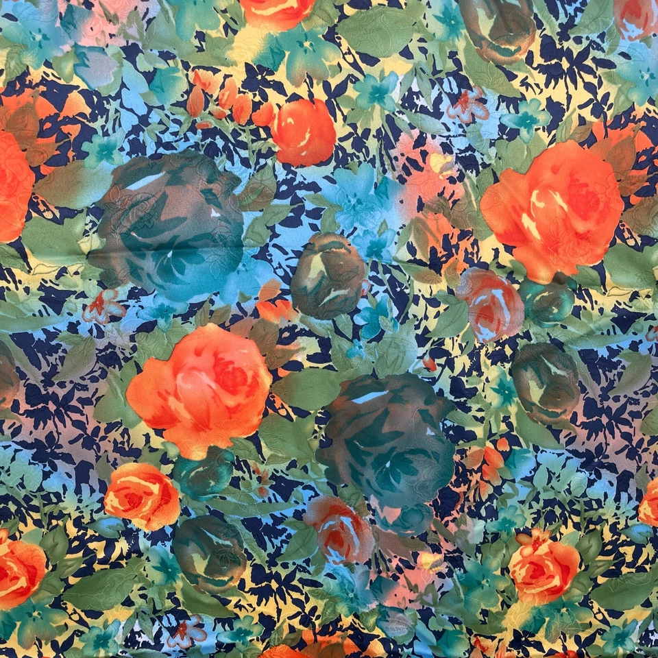 Korean Adriano Design Floral Fabric Bright Vibrant Orange Blue Green 2yds 22" - Image 2 of 4