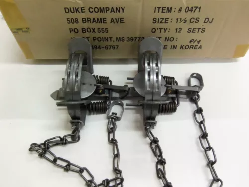 2 Duke # 1 1/2 Double Jaw Coil Spring Traps 0471 Raccoon Mink Fox Trapping