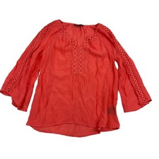 Zac & Rachel Bell Sleeve Coral Tunic Blouse Top V-Neck Eyelit Crochet Sz PS SP