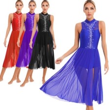 US Women Sparkly Lyrical Dance Dress Sleeveless Flowy Tulle Skirt Maxi Dress