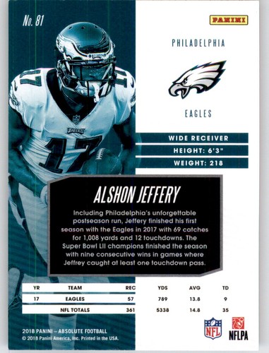2018 Absolute Alshon Jeffery NFL PWE Base Card Eagles #81 - Picture 2 of 2