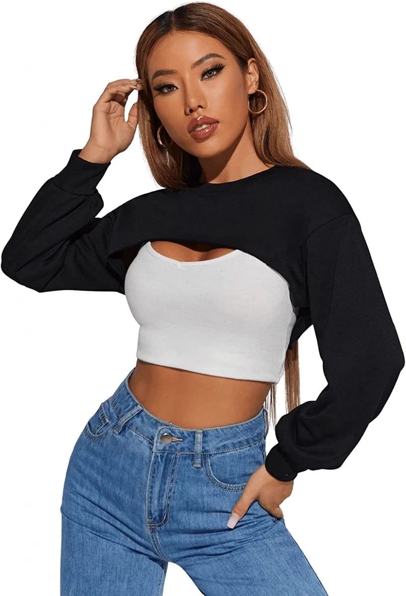 SweatyRocks Women's Casual Solid Cut Out Front Long Sleeve Pullover Crop  Top