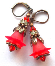 RED FLOWER Acrylic LEAVES CRYSTAL earring COPPER LEVER BACK ACTA