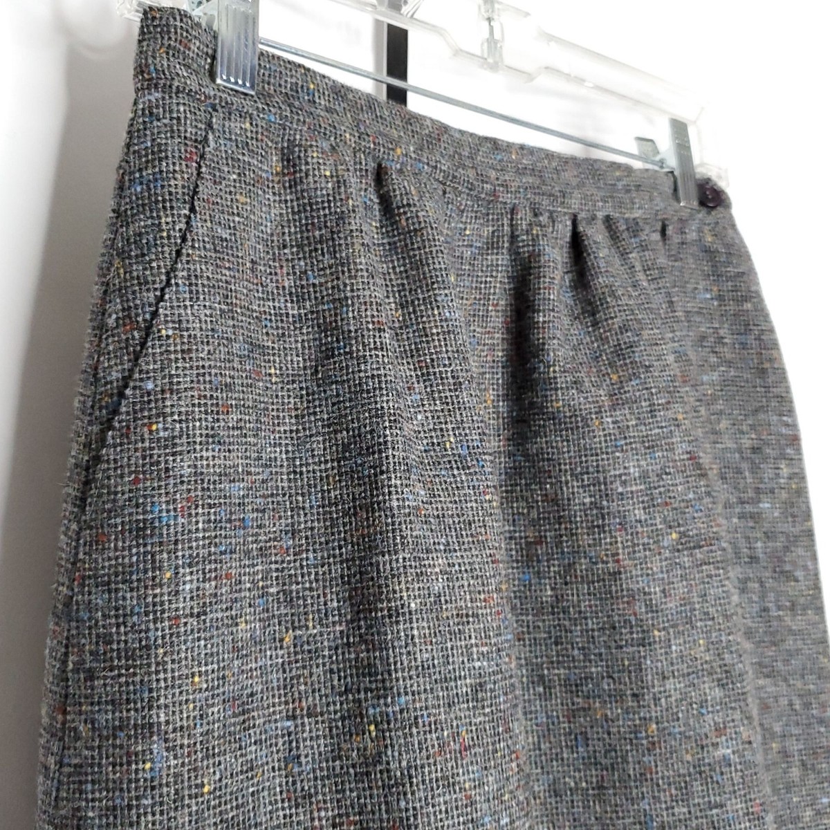 Vtg Wool Mini Check Midi Straight Skirt 8 Gray w/ Colored