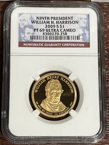 NGC PR69 Ultra Cameo Ninth President, William H. Harrison 2009 S Dollar SDL1008