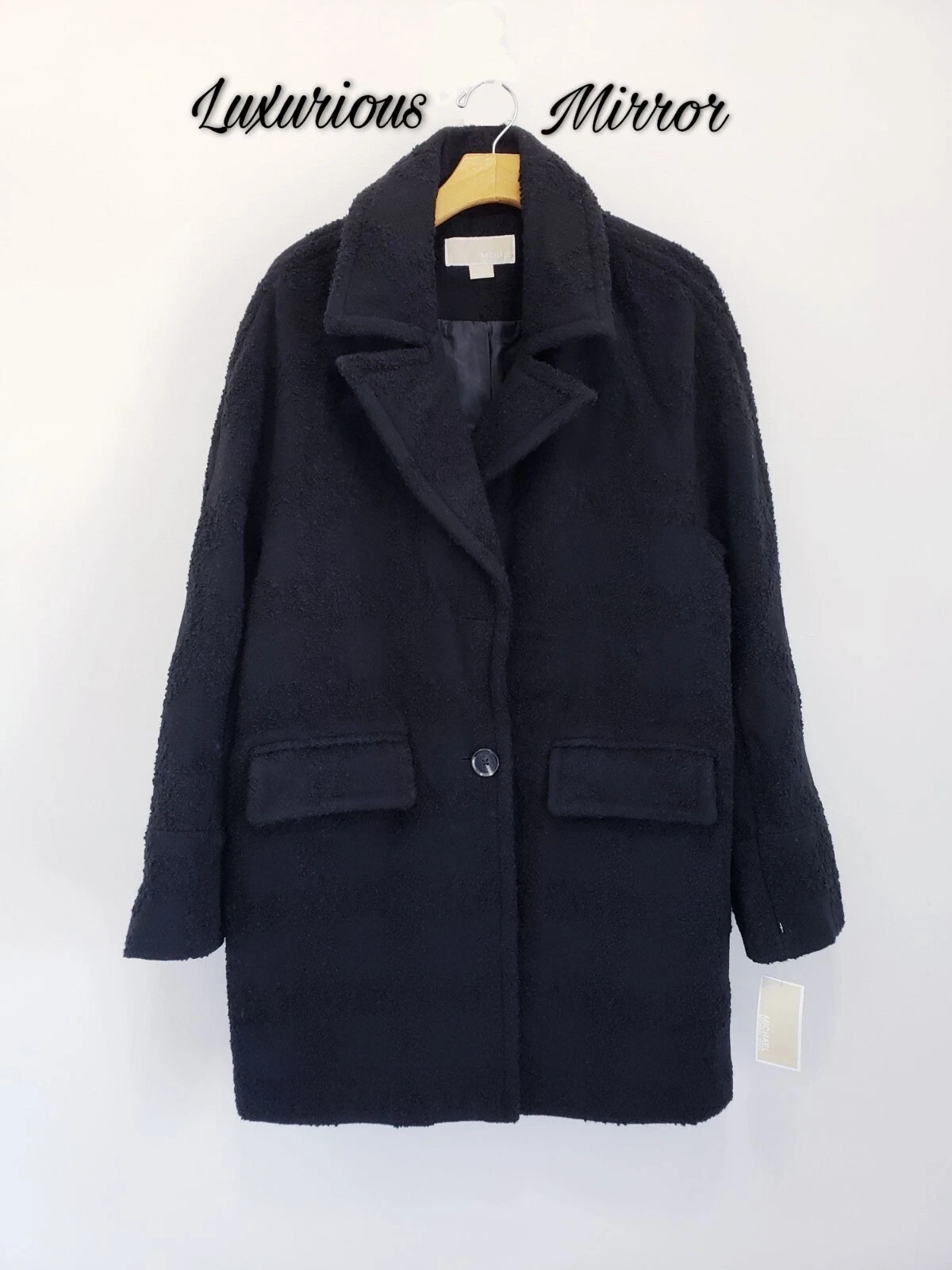 Cappotto donna Michael Kors monopetto misto lana bouclé nero giacca taglia L NUOVO