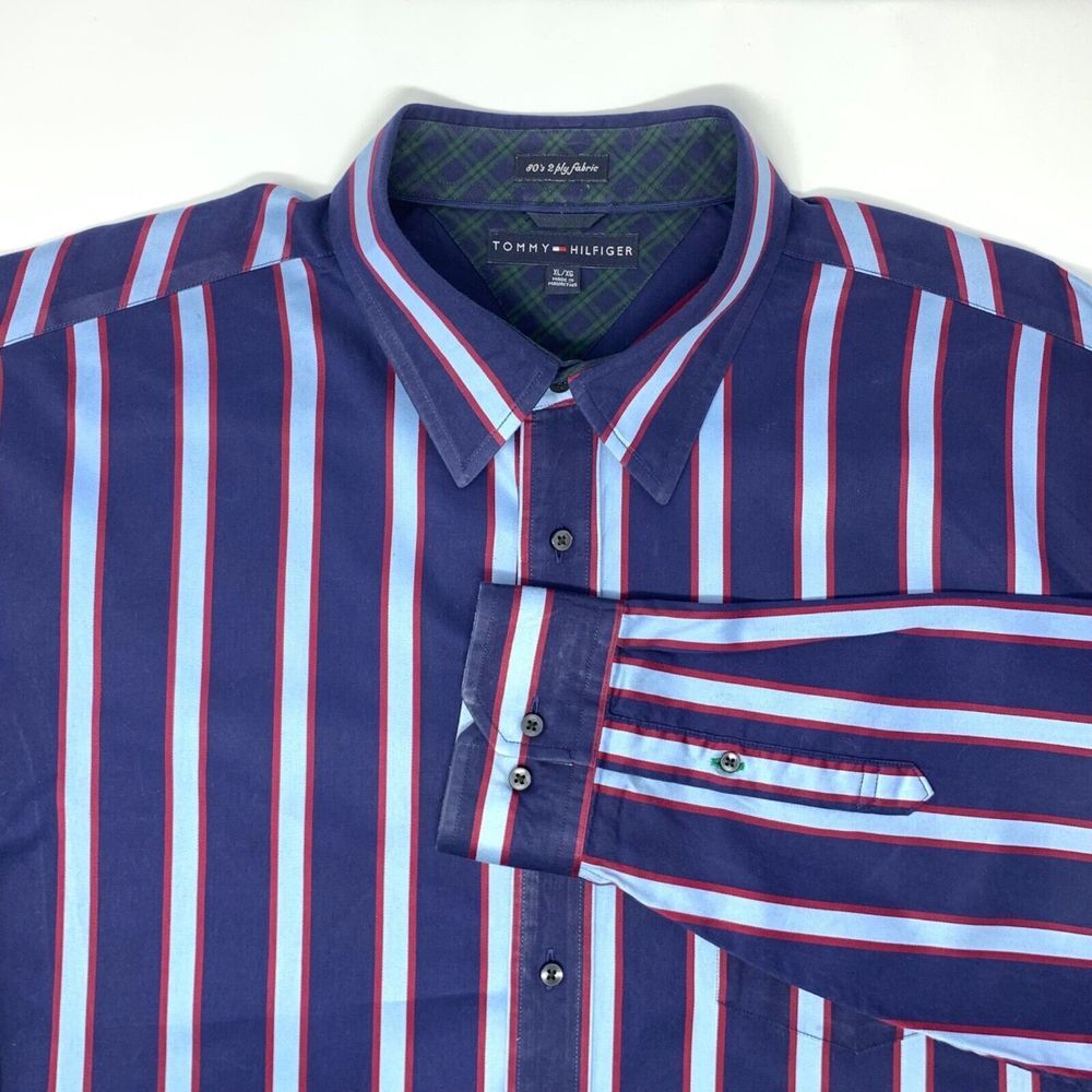 Tommy Hilfiger 80's 2 Ply Cotton Fabric Blue Men's Long Sleeve Shirt Size XL