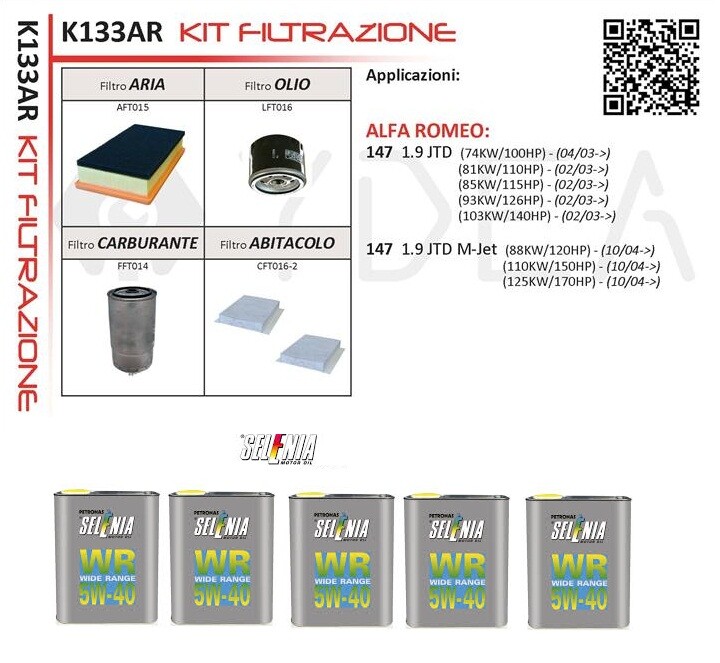 KIT TAGLIANDO ALFA ROMEO 147 GT 1.9 JTD JTDM 5 LT. SELENIA WR 5W40