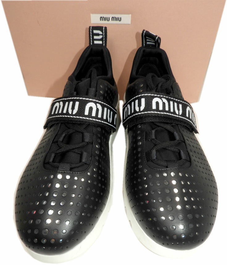 Miu Miu by Prada Wedge Sneakers Platform Logo Black Perforated