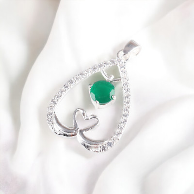 Green Onyx Cubic Zirconia Gemstone Pendant 1.27'' Inch  , 925 Sterling Silver