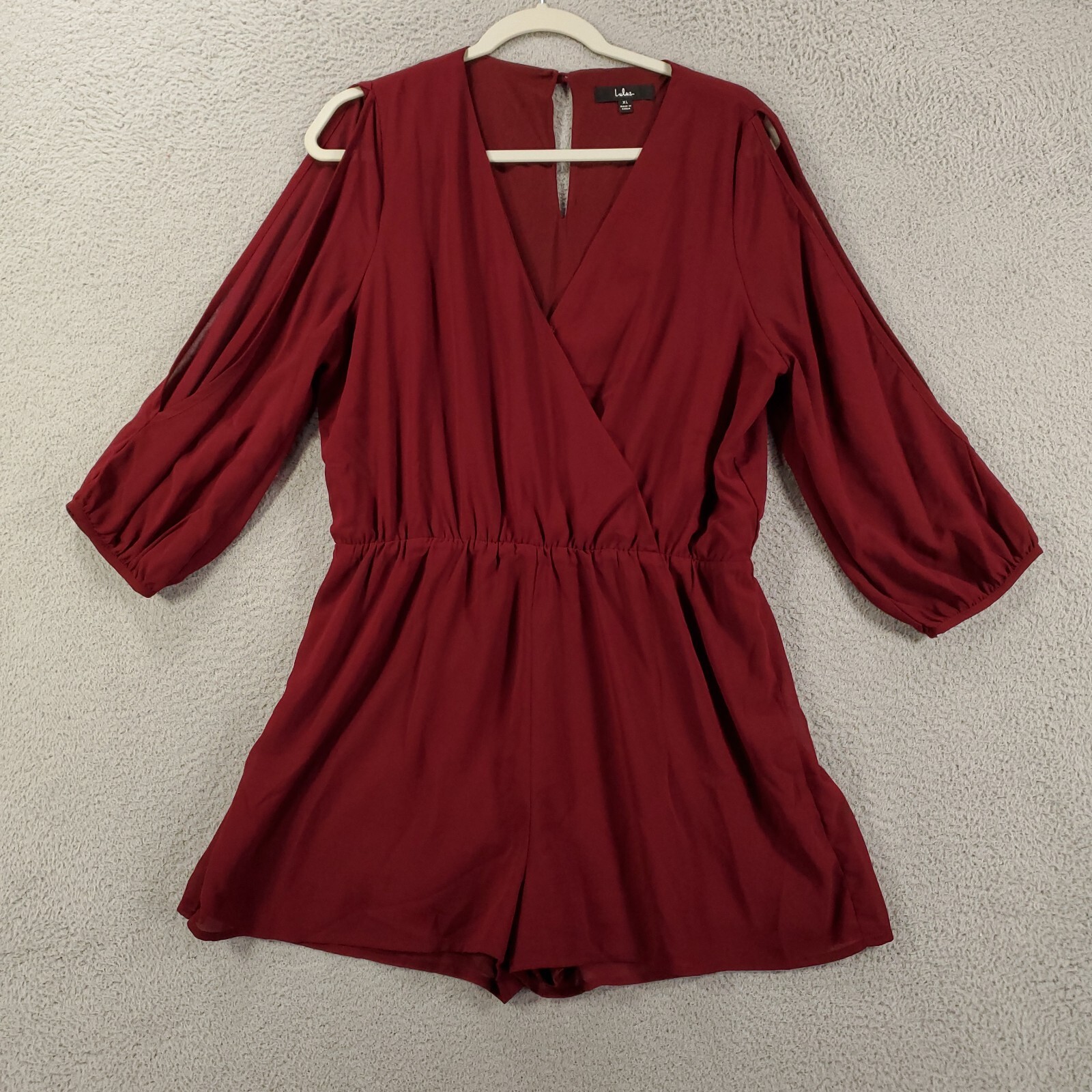 Lulus Romper Womens XL Burgundy Snap Front Sheer Lined Elastic Waist Sleeve-image