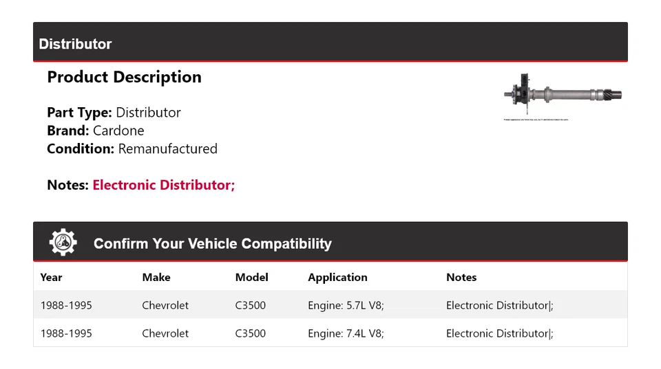 适用于 1988 - 1995 年雪佛兰 C3500 分销商 Cardone 1989 1990 1991 1993 1994 — 第 2/4 张图片