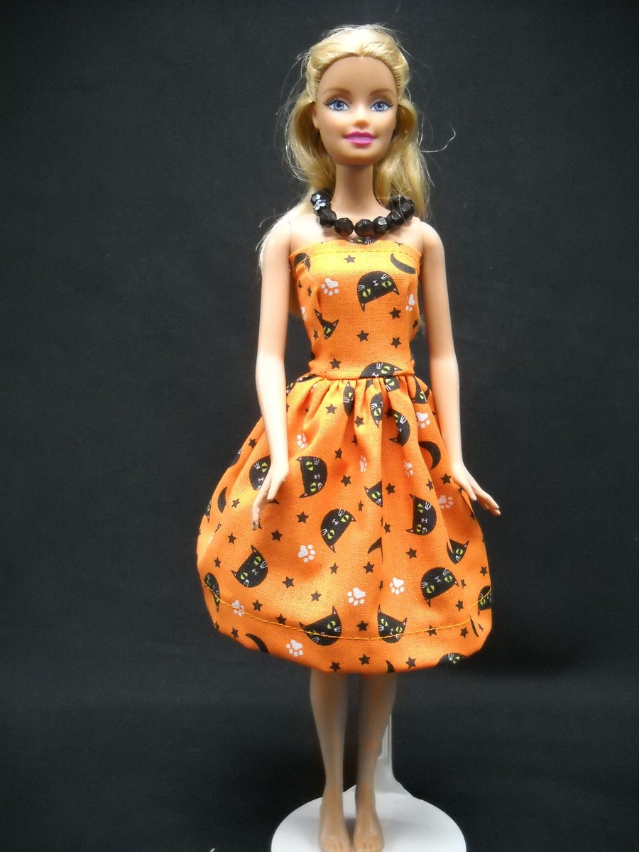 Halloween Orange with Black Cat Heads Dress Necklace Fits Barbie