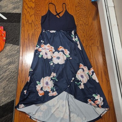 Slig Navy Multicolor Floral Hi-Low Dress V-Neck Strappy Sleeveless Size M