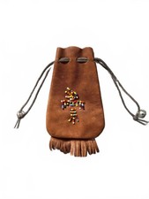 Handmade Brown Leather Drawstring Pouch with Native American Beaded Design