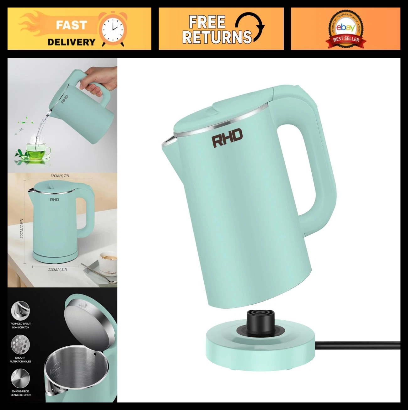 Compact 0.8L Electric Kettle - Fast Boil 1000W, Stainless Steel Travel Teapot, A