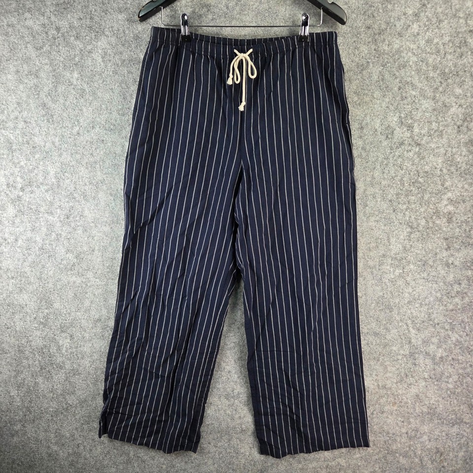 Uniqlo Pants Womens Large Blue Pinstripe Linen Blend Wide Leg Drawstring 18421