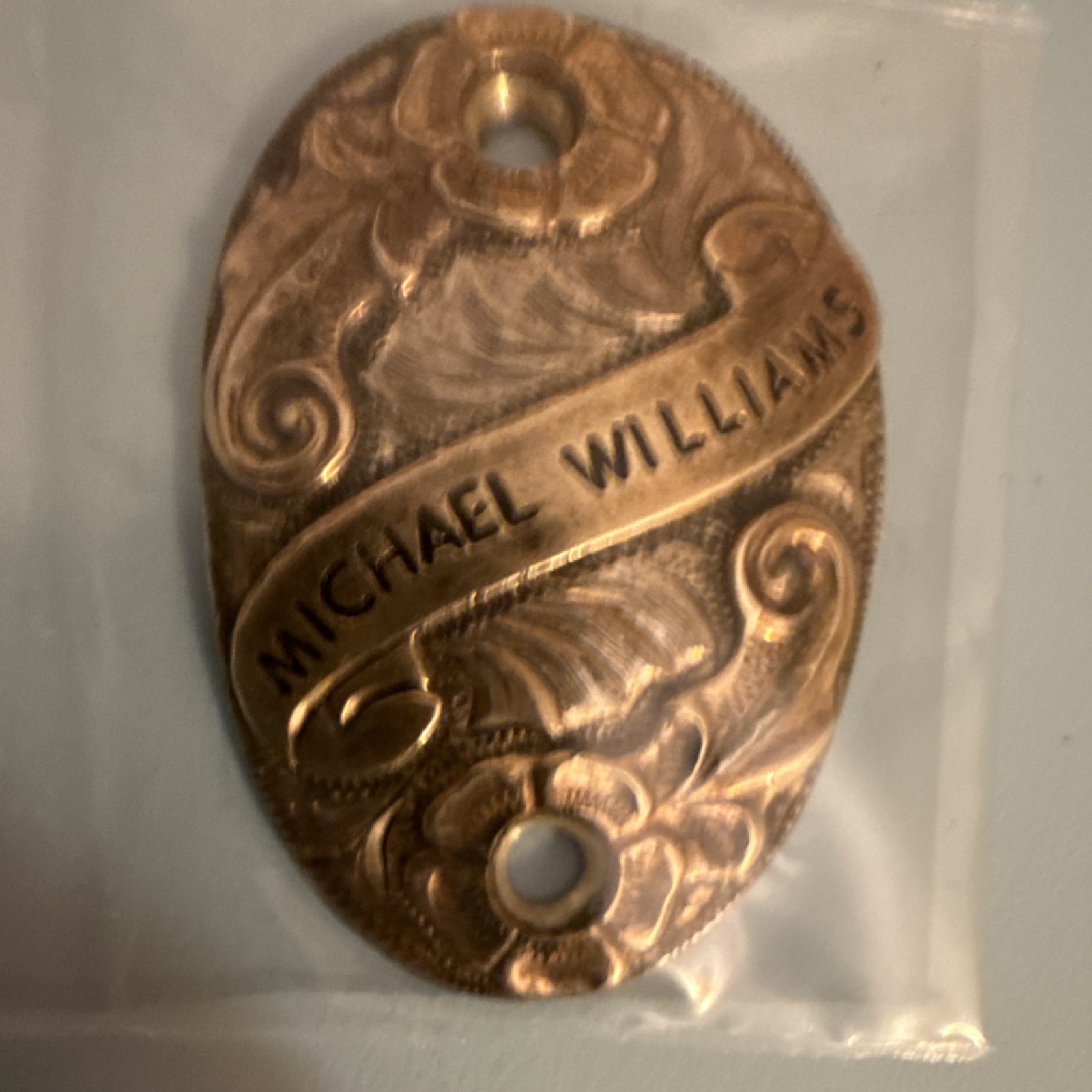Michael Williams Engraved Oval Metal Name Plate Tag w/ 2 Screw Holes