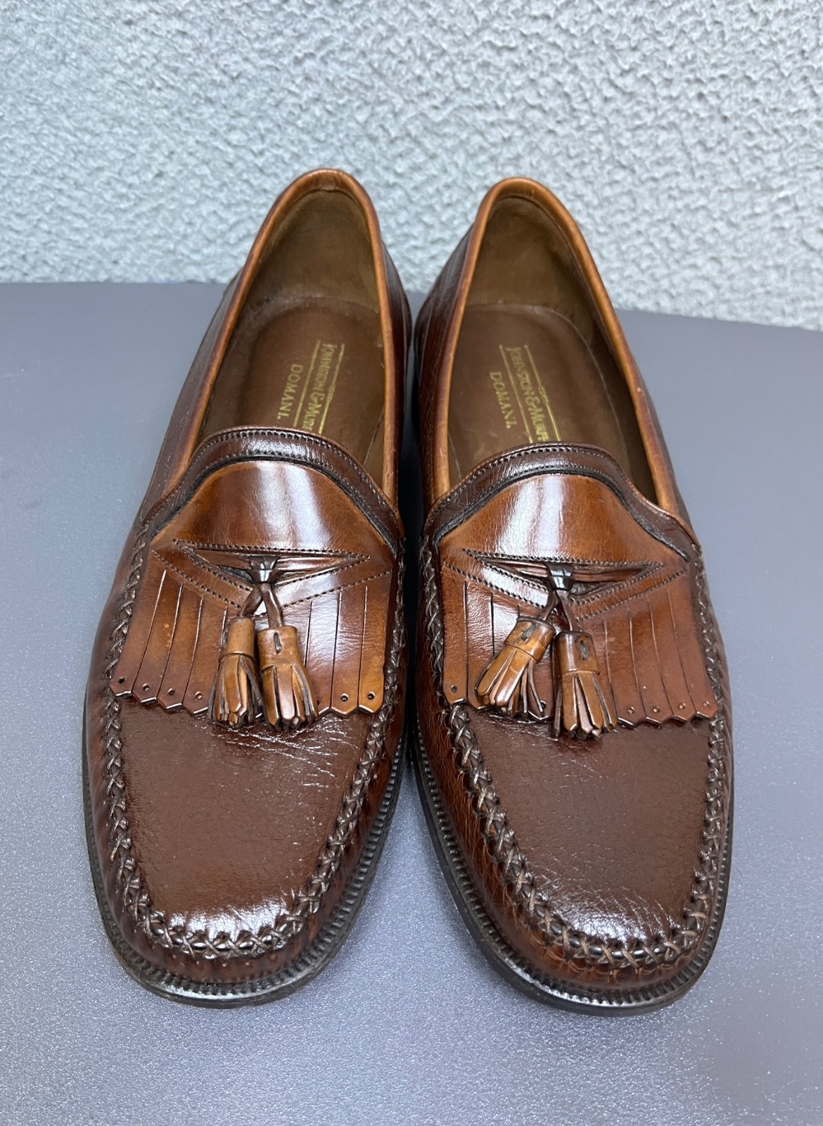 JOHNSTON & MURPHY Shoes Men 10 M Brown Leather Tasseled Dress Loafers Made Italy