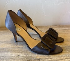 Oscar De La Renta Dark Brown Satin Open Toe Heels, Size 10