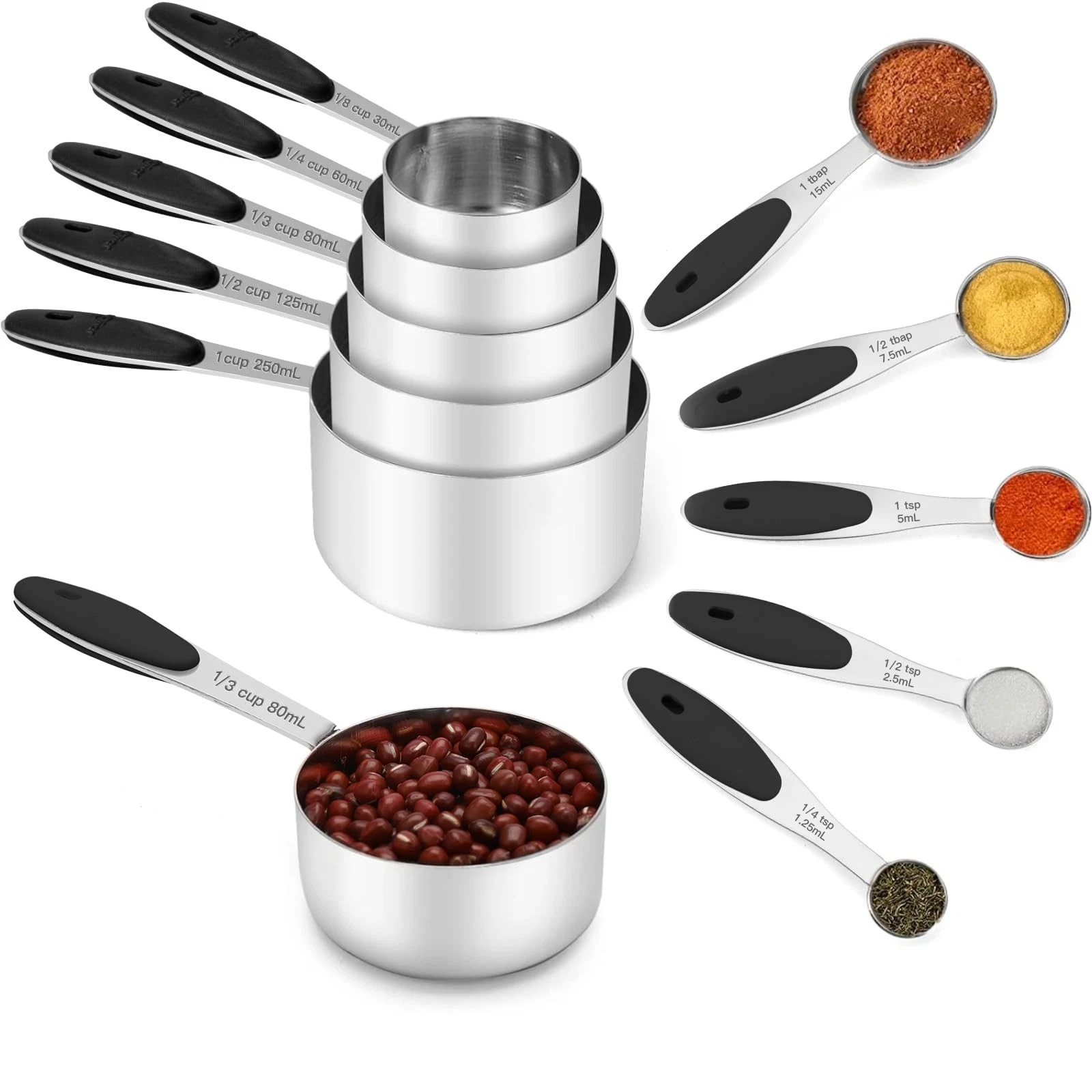 Stainless Steel Measuring Cups and Spoons Set of 10 Piece, Nesting Metal Meas...