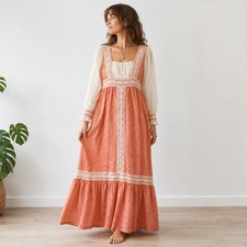 Vintage 1970s Prairie Maxi Dress Boho Ruffle Cottagecore Peach Pink Festival XS