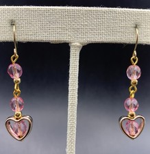 Pink Heart Earrings Drop Dangle Hook Beaded Gold Tone Pierced
