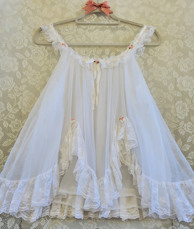 VTG TOSCA LAYERED NYLON CHiFFON BABYDOLL W/FRiLLY RUFFLED LACE BOWS + ROSETTES - Image 3 of 4