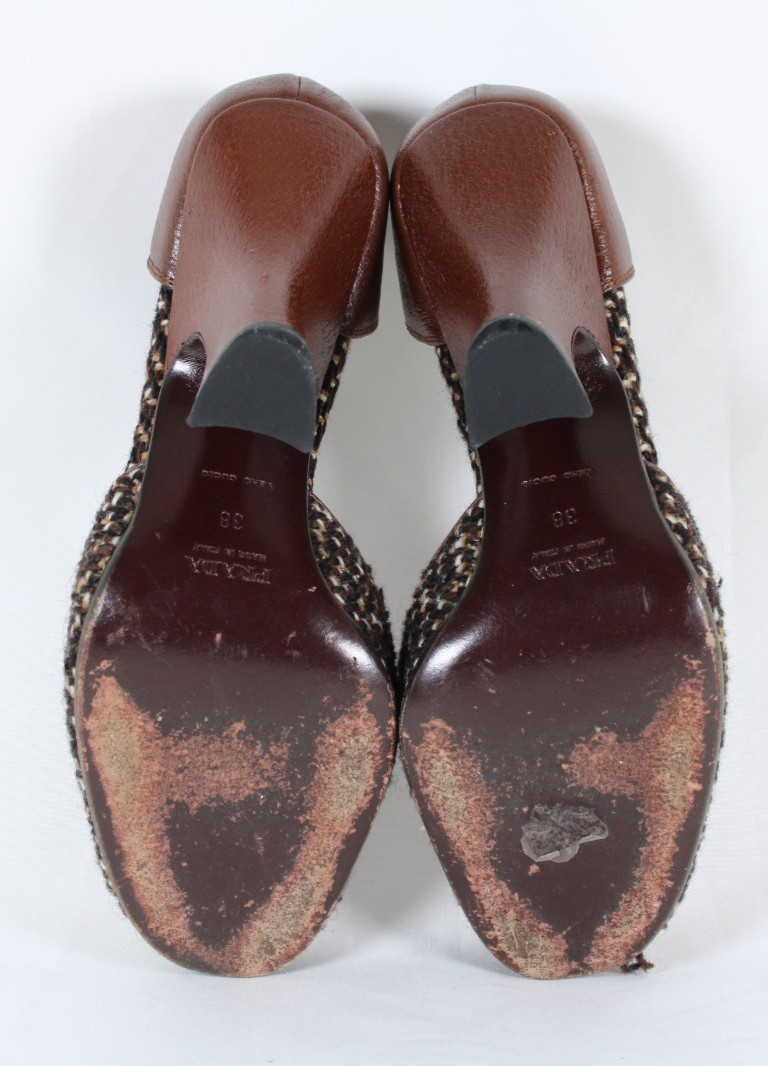PRADA Vintage Brown Leather & Tweed Peep-Toe D'Orsay Curved Heels Pumps 38 thumbnail 12