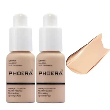 2 Pack PHOERA Foundation, Flawless Soft Matte 24HR Oil Control Full Coverage Fou