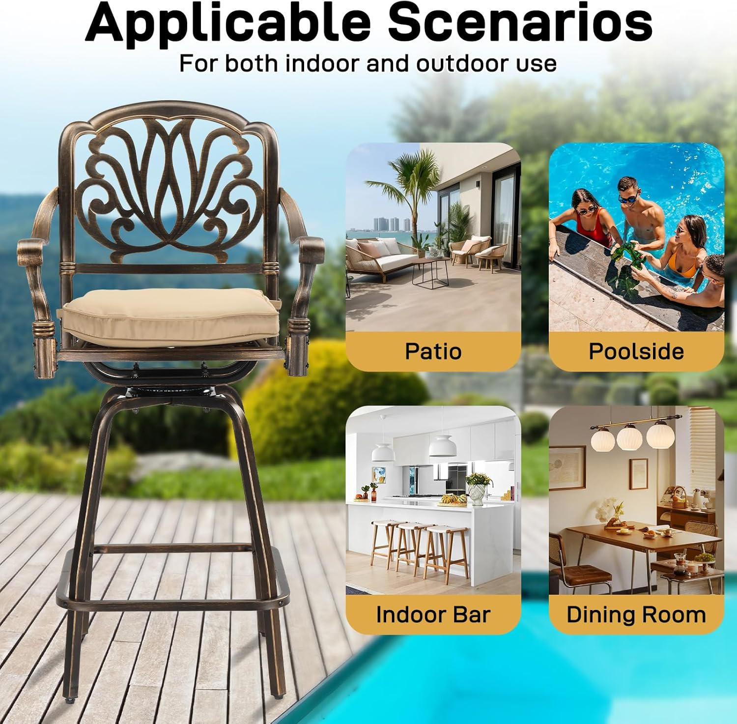 VINGLI Outdoor Swivel Bar Stools Set of 2, Cast Aluminum Patio Bar Height Chairs