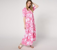 Susan Graver Women's Plus Sz Dress 1X Passport Printed Woven Maxi Pink A644524