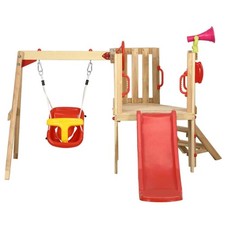 Juego de columpios de madera Outsunny 4 en 1 con columpio, tobogán, bocina, volante, rojo