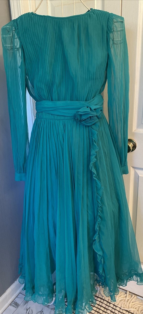 MISS ELLIETTE CALIFORNIA Vintage Chiffon Pleated Dress Green Teal