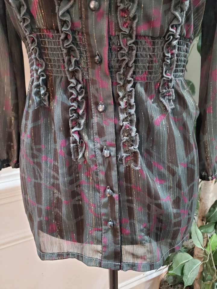 DKNY Womens Gray 100% Polyester V Neck Button Front Ruffle Trim Top Blouse Small - Image 3 of 4