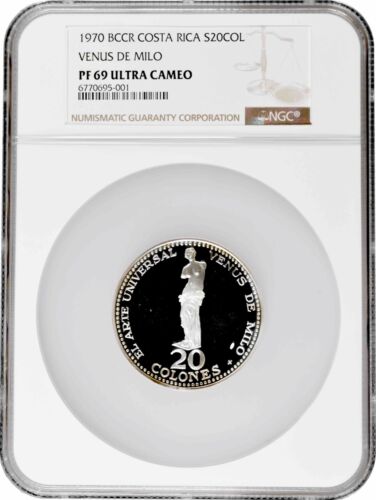 Costa Rica 20 colones 1970, NGC PF69 UC, "Venus de Milo" Top Pop silver coin