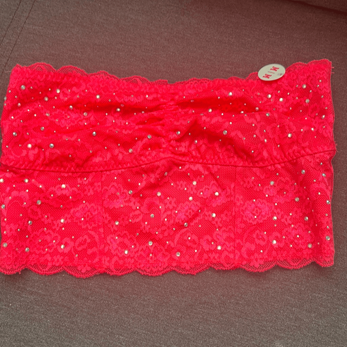 VS PINK Size M Strapless Lace Bandeau Hot Pink Rhinestone Accent Tube Top NWT - Picture 2 of 8