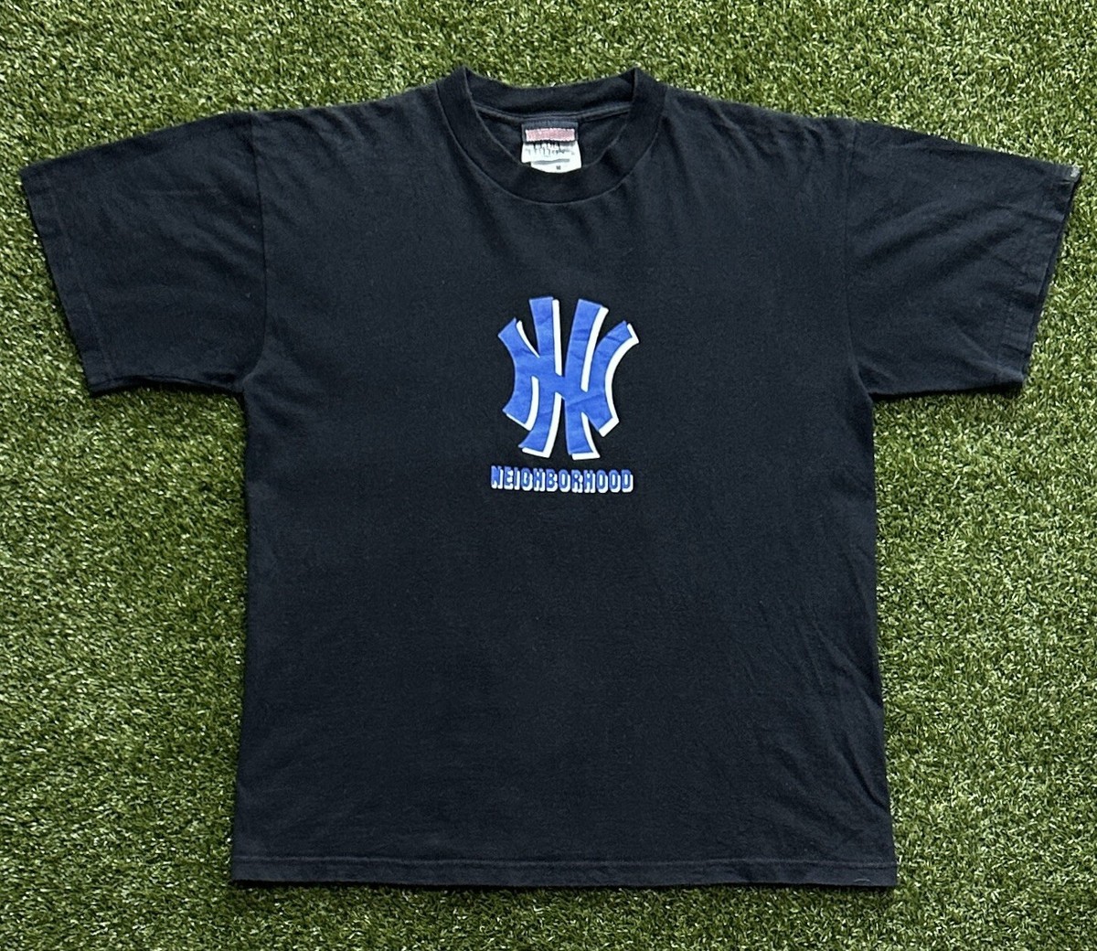 90s Vintage Neighborhood Japan Black Tee Blue Logo Print T-Shirt
