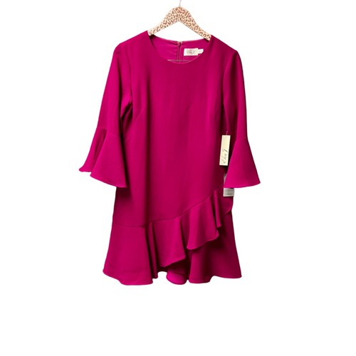 Eliza J Flounce Ruffle 3/4 Sleeve Mini Cocktail Dress Magenta Pink 8 NWT