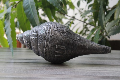 9.5x4 Inches Silver Conch Figurine Sculpture Hand Carved Silver Shell Conch - Picture 3 of 11