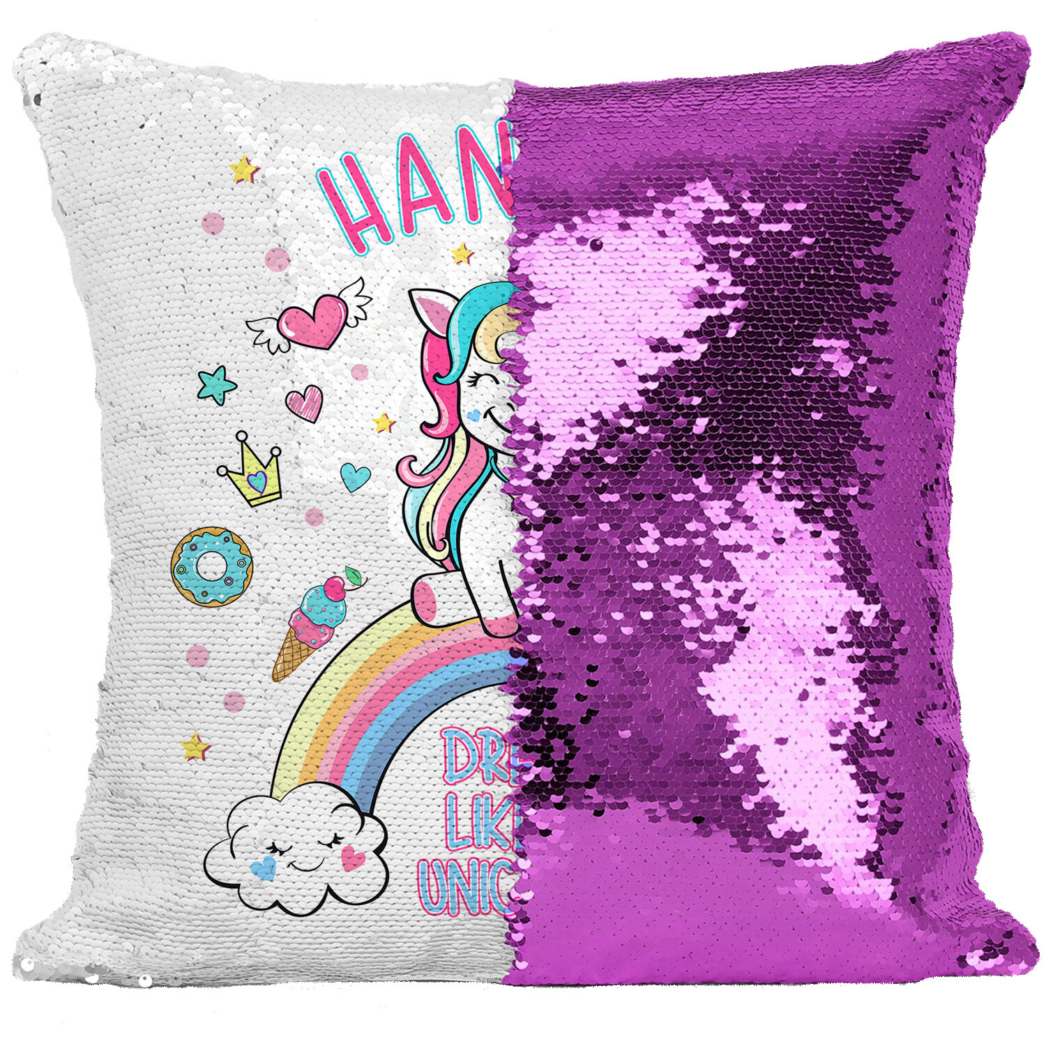 Personalised Unicorn Cushion Cover Magic Sequin Reveal Girls Birthday
